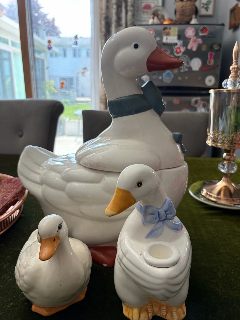 Vintage Ceramic Duck Figurine Set - White with Yellow Beaks
